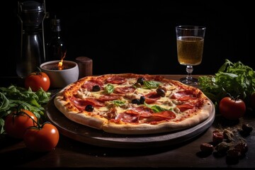 Obraz na płótnie Canvas Italian pizza with ham or salami, tomatoes, olives and mushrooms.