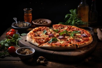Obraz na płótnie Canvas Italian pizza with ham or salami, tomatoes, olives and mushrooms.