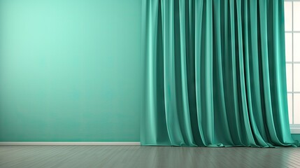 Pastel teal green blank wall in room with coloured silk drapes.