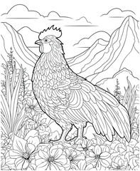 Fototapeta na wymiar Chicken with mountains coloring pages