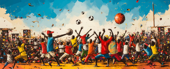 Naklejka premium a cartoon of a big soccer game with people holding their hands u
