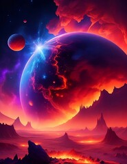 Mystical Fiery Planet: Fantasy Landscape with Glowing Stars, Nebulae, Colorful Massive Clouds, and Falling Asteroids - Digital Artwork
