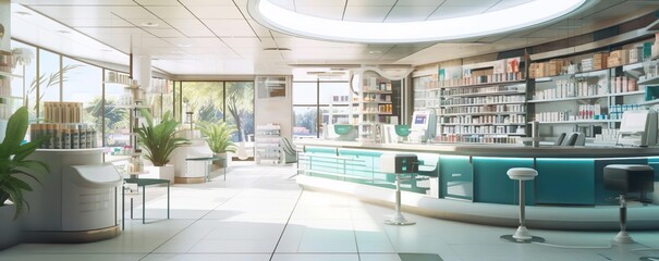 A future modern building of pharmacy with a green chair and a sign that says medical