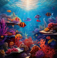 Fototapeta na wymiar A coral reef with colorful fish and corals under sea