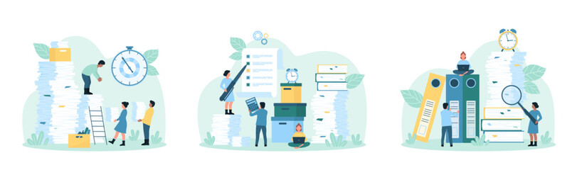 Paperwork, bureaucracy set vector illustration. Cartoon tiny people research business information with magnifying glass, carry big stacks and piles of paper documents for analysis and organization - obrazy, fototapety, plakaty