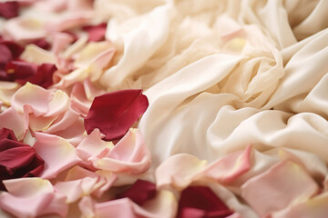 Pink and red rose petals scattered over ivory bed sheets. Romantic visual.