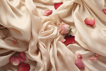 Pink rose petals scattered over silk satin bed sheets. Romantic visual. - 629207262
