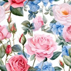 Seamless pattern of beautiful Rose flowers. Watercolor illustration nature background, Generative AI