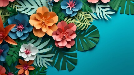 top view of colorful paper cut flowers with green.Generative AI.