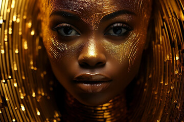 Woman face with golden glittering paint with metal decorations.