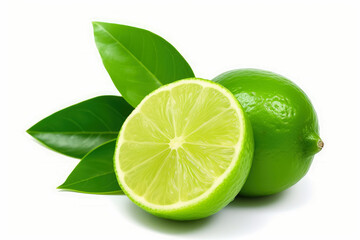 Fresh lime Isolated with sliced and green leaves on white background , Created with Generative Ai Technology