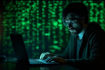 Hacker typing computer. Concept of cybercrime, cyberattack, dark web. man typing on a laptop in dark room data science. Generated AI 