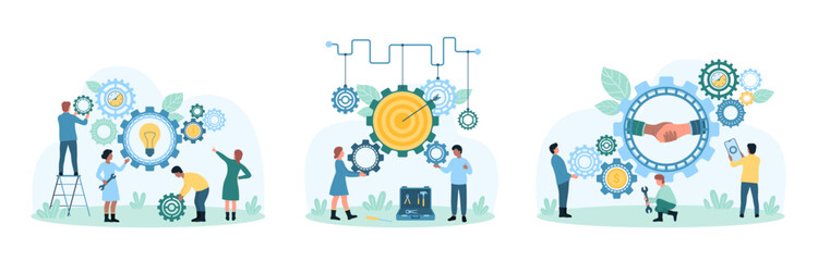 Business partnership, teamwork and business process control set vector illustration. Cartoon tiny people work with automated machine with gears and wheels, partners handshake and light bulb inside
