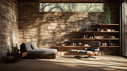 return to nature captured in a natural stone wall and a window, the essence of simplicity, Generative AI