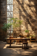 connection with nature depicted in a natural stone wall and an open window, a minimalist setting, Generative AI