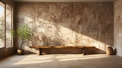 minimalist scene of a natural stone wall and a window, the connection with nature, Generative AI
