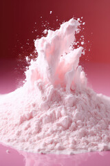 A close-up of the flour in motion. Explosion of falling white powder isolated on pink background. Vertical format. 
