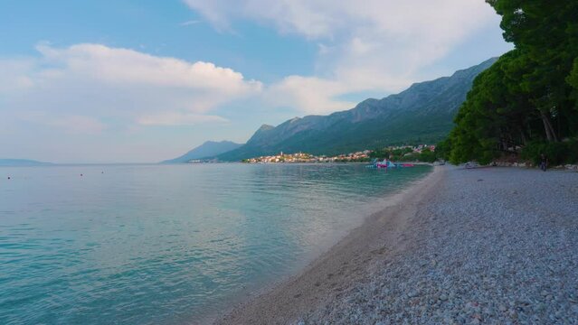 Shot of beautiful seaside in town Gradac in Croatia