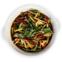 Thai spicy salad with seafood in white bowl on white background, stir fried vegetables