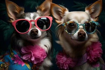 Photo of two stylish dogs rocking sunglasses and flower accessories created with Generative AI technology