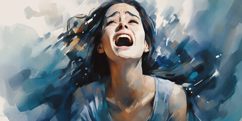concept of a young woman screaming in fear of depression and anxiety in watercolor illustration style