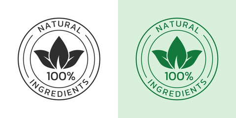 Natural ingredients icon, label or logo. Organic food, pure product seal or sticker with leaf. 100 percent natural badge or symbol. Vector illustration. - obrazy, fototapety, plakaty