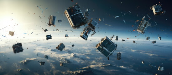 Space junk, space debris, floating in space, or earth atmosphere.  galactic junk. Hand edited generative AI.