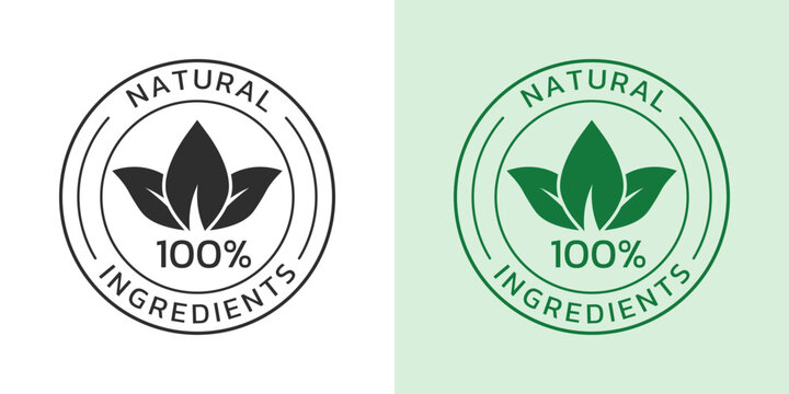 Natural ingredients icon, label or logo. Organic food, pure product seal or sticker with leaf. 100 percent natural badge or symbol. Vector illustration.
