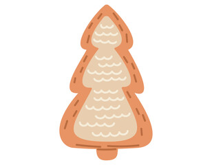 Gingerbread cookie in the shape of Christmas snow tree. Vector isolated flat festive biscuit.