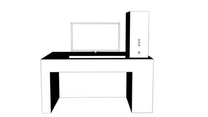 There is a computer on a table with a keyboard and a monitor, a computer rendering, computer rendering, computer drawing, monochrome 2d model, 2d computer rendering, cgi computer,