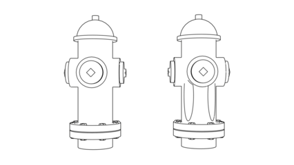 a close up of two fire hydrants on a black background, cad, full front side views, dithering, designed in blender, stroked lighting path, heavy shading, 2d modeled, stroked path, 2d rendering,