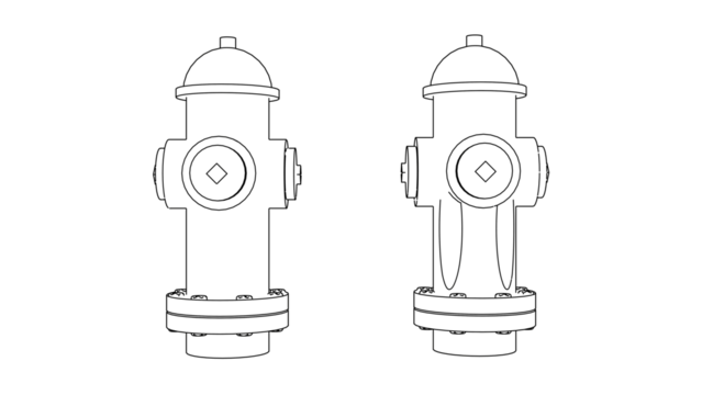 a close up of two fire hydrants on a black background, cad, full front side views, dithering, designed in blender, stroked lighting path, heavy shading, 2d modeled, stroked path, 2d rendering,
