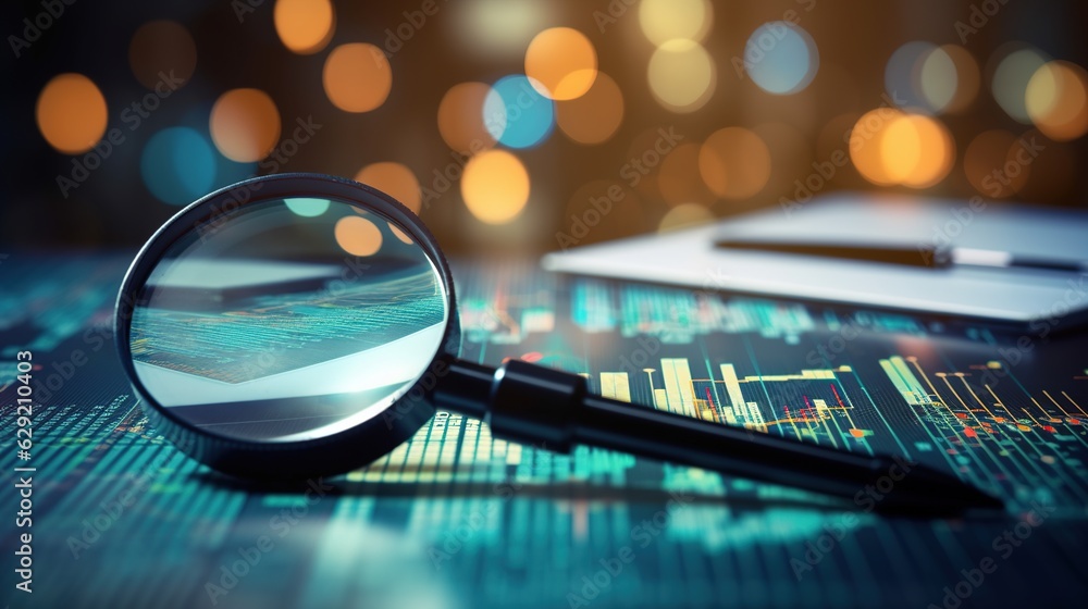Poster magnifying glass and documents with analytics data lying on table,selective focus with generative a