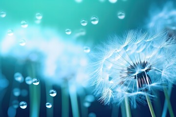 a dandelion covered in dew droplets, blue soft focus background