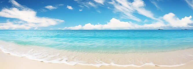 panoramic coastal paradise with white sandy beach and clear blue skies, banner format, copy space - obrazy, fototapety, plakaty