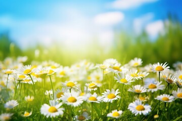 beautiful spring blurred background, a blossoming meadow filled with daisies under a serene blue sky © id512