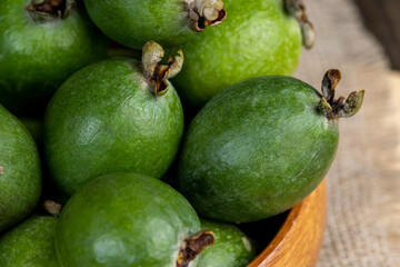 Ripe and soft green feijoa on the table