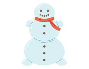 Funny cartoon children winter snowman with knitted scarf. Vector isolated christmas flat fairy tale character.