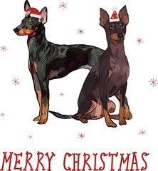 English toy terrier drawn illustration. Cute dog character in a side-view and sitting poses. Holiday Design for printing, adorable and cute Christmas dog cartoon vector greeting card. Adorable puppy.