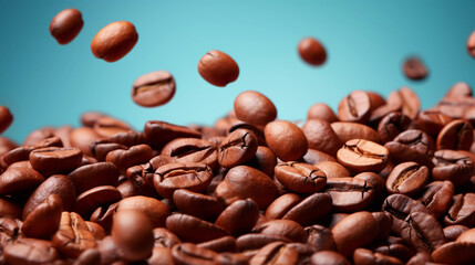 Coffee beans in the air, beautiful background, studio lighting.