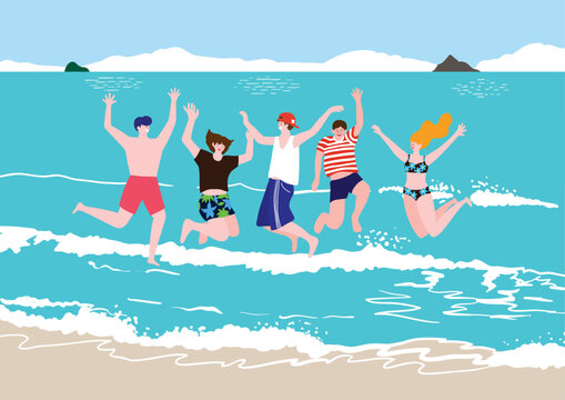 여름 바다에서 점프하며 수영을 즐기는 젊은이들
