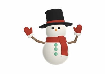 3D render of a snowman wearing a black top hat and red gloves on the white background