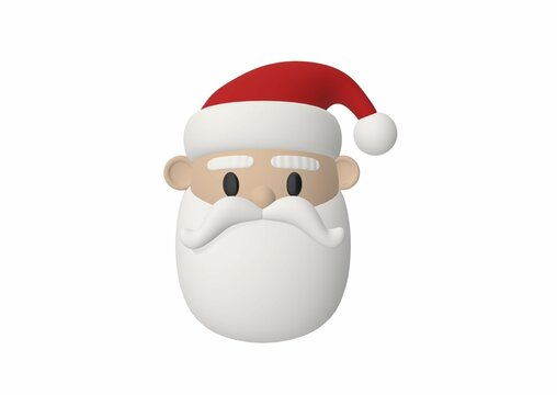 3D render of a face of Santa Claus with a red hat on the white background