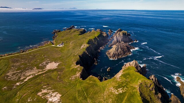 Aerial view of ocean seen from above at Malin Head. Ulster, Irel