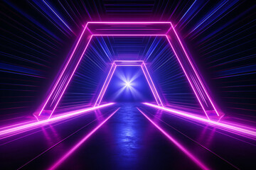 Neon light abstract background. Tunnel or corridor violet neon glowing lights. Laser lines and LED technology create glow in dark room. Cyber club neon light stage room. Laser show.