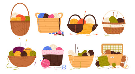 Baskets with wool yarn balls, crochets and knitting needles set vector illustration. Cartoon isolated wicker or bamboo retro basket with clews of thread and handicraft tools to knit woolen scarf