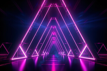 Neon light abstract background. Triangle tunnel or corridor violet neon glowing lights. Laser lines and LED technology create glow in dark room. Cyber club neon light stage room.