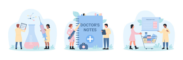 Medical prescription, pharmacy set vector illustration. Cartoon tiny people buy medicines in drugstore on doctors advice, report diagnosis of patient in hospital document, study and research vaccine