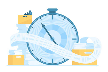 Pressure of paperwork and deadline vector illustration. Cartoon isolated big timer and long endless scroll of paper from office boxes with documents and tax forms, bureaucracy and time management