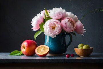 still life with flowers and apples generated ai